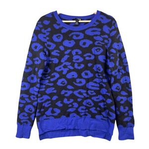 Aqua Cashmere Womens Blue Black Leopard Print 100% Cashmere Crew Neck Sweater S